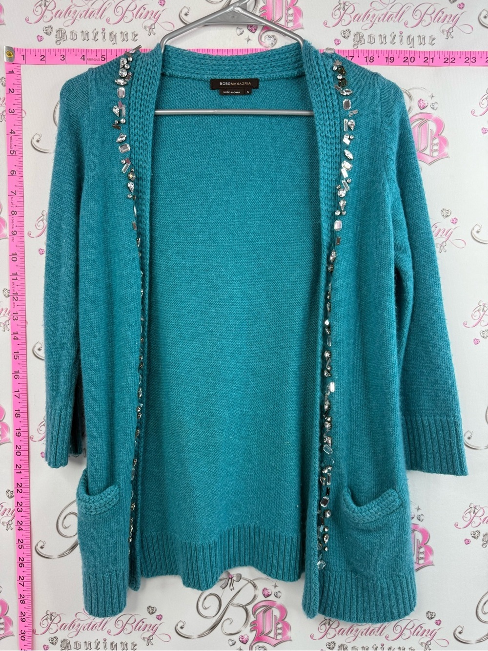 BCBGMAXAZRIA cardigan angora wool Teal Open-Front Embellished Knit Sweater